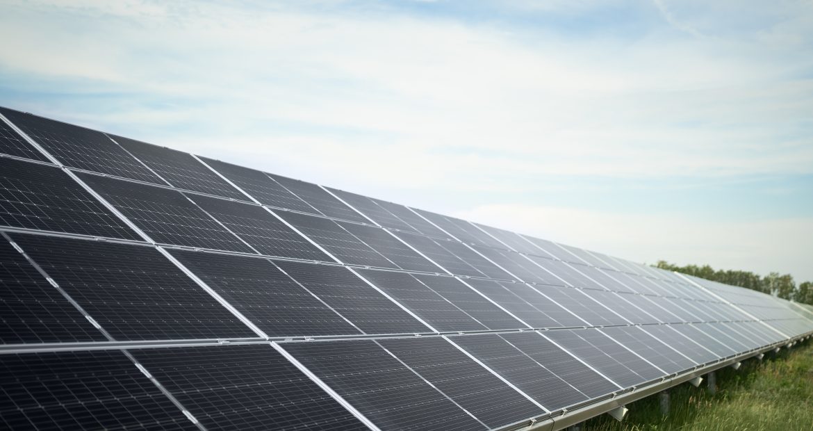 Solar panel, photovoltaic, alternative electricity source - concept of sustainable resources. Landscape of solar panels at solar power plant